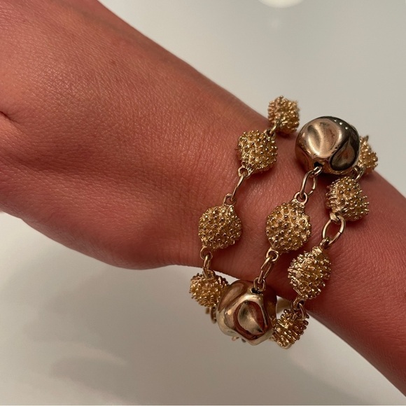 Vintage Unsigned Textured Ball Beads Multi Strand Gold Tone Bracelet Mon… - Picture 7 of 8